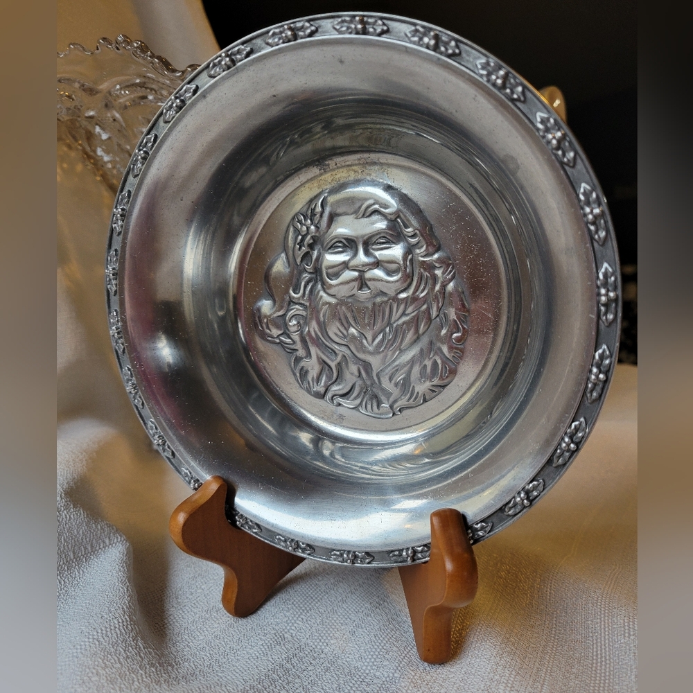 Decorative Pewter Santa Plate with Embossed Design